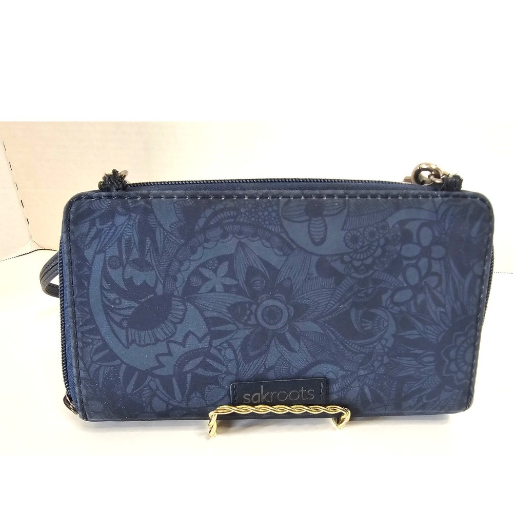Sakroots Convertible Crossbody Wallet Navy Floral Print Detachable Strap Zip - Picture 1 of 4